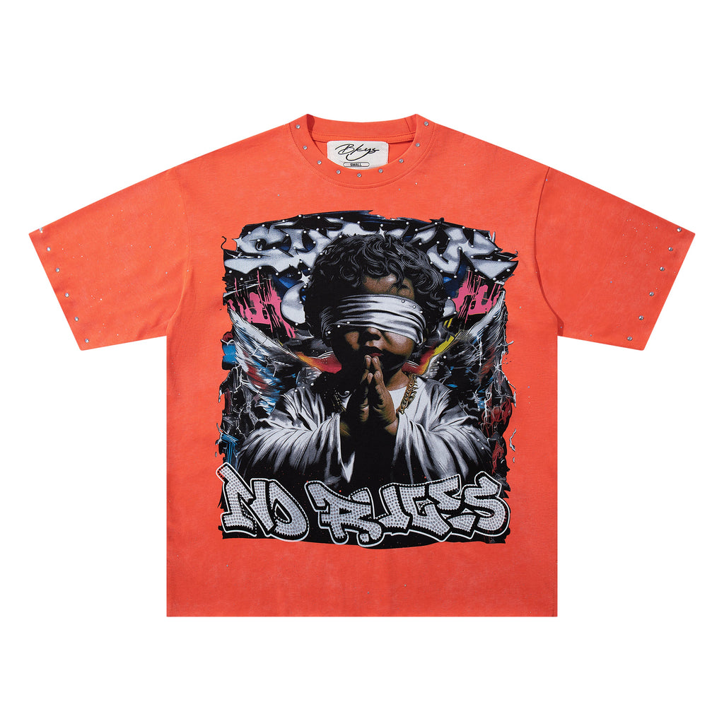 BKYS Praying Angel Rhinestone Orange Oversized T-Shirt