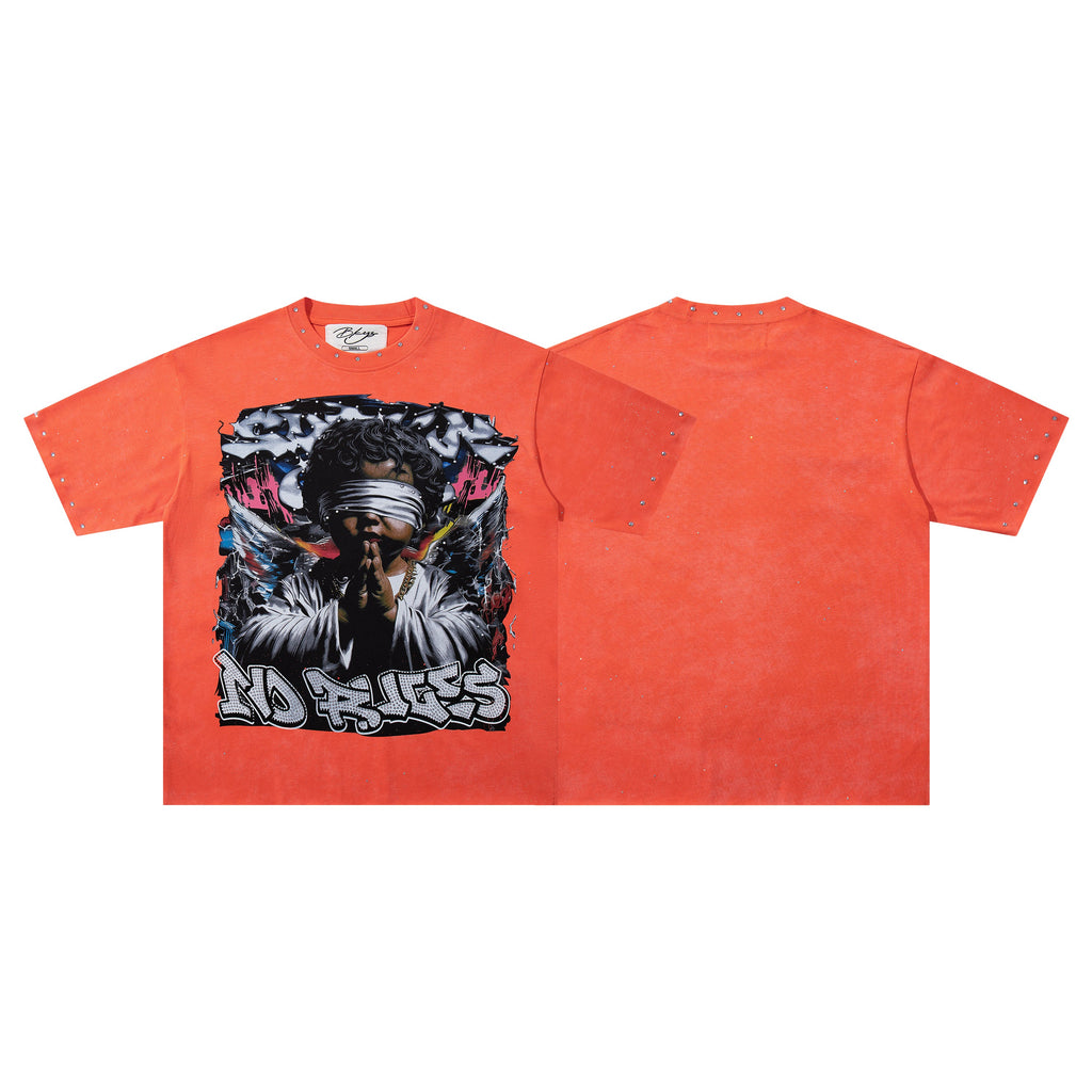BKYS Praying Angel Rhinestone Orange Oversized T-Shirt